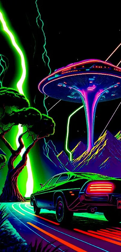 Retro futuristic wallpaper with neon car and UFO in a vibrant landscape at night.