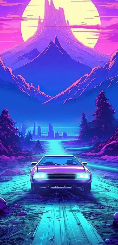 Retro car on neon-lit road with sunset and mountains.