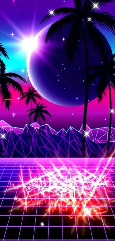 Retro futuristic wallpaper with neon palms under a starry sky.