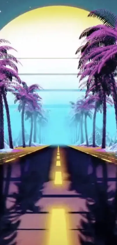 Retro futuristic scene with neon palm trees and reflective road under a glowing sun.