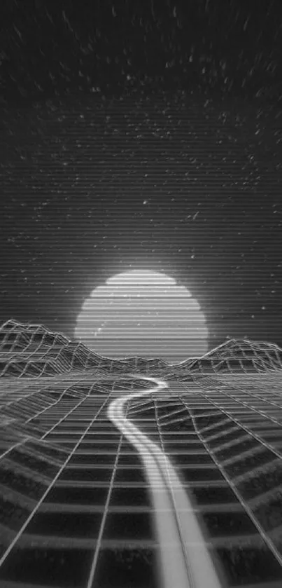 Retro futuristic monochrome grid wallpaper with setting sun.