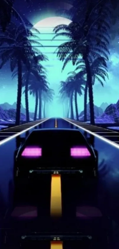 Retro futuristic wallpaper with neon car and palm trees