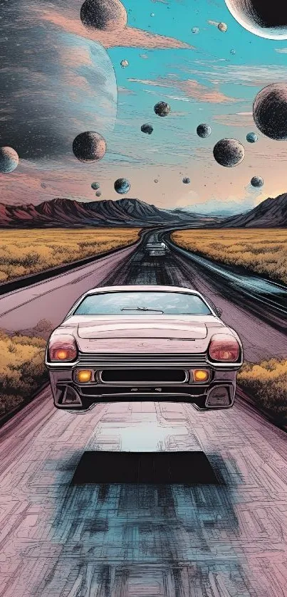 Vintage car on surreal cosmic highway under a planet-filled sky.