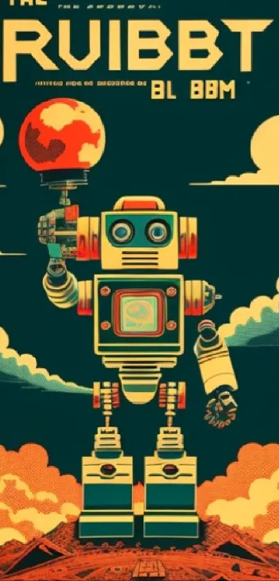 Retro futuristic robot standing in vibrant orange and green design.