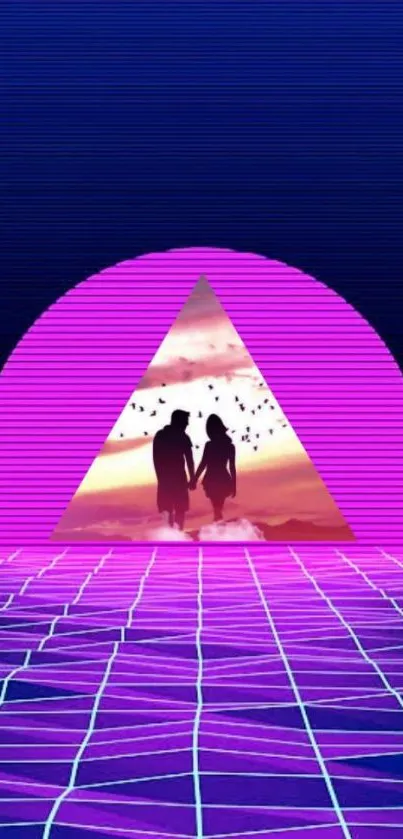 Retro futuristic wallpaper with a romantic silhouette and neon purple triangle.