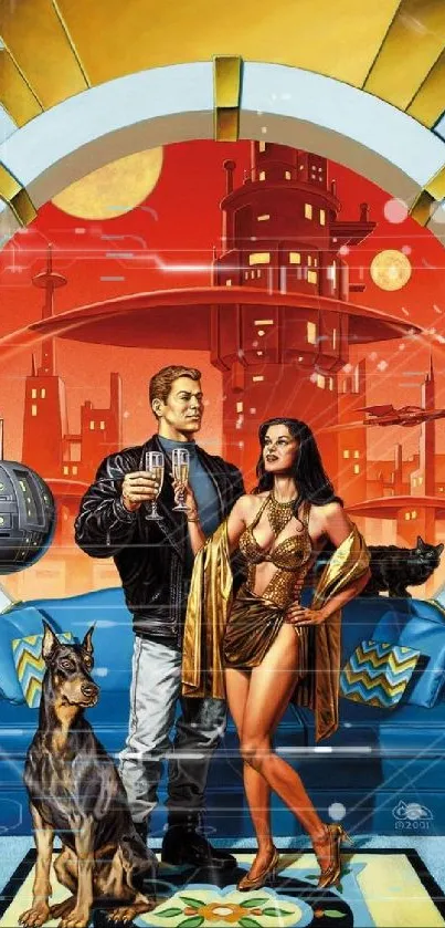 Retro futuristic couple in vibrant sci-fi setting with orange tones.