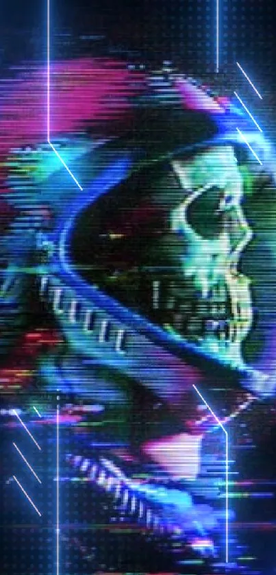 Skull in futuristic spacesuit with neon glitch effects on black background.