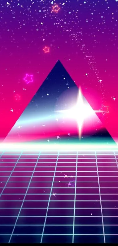 Retro futuristic wallpaper with neon pyramid and starry sky.