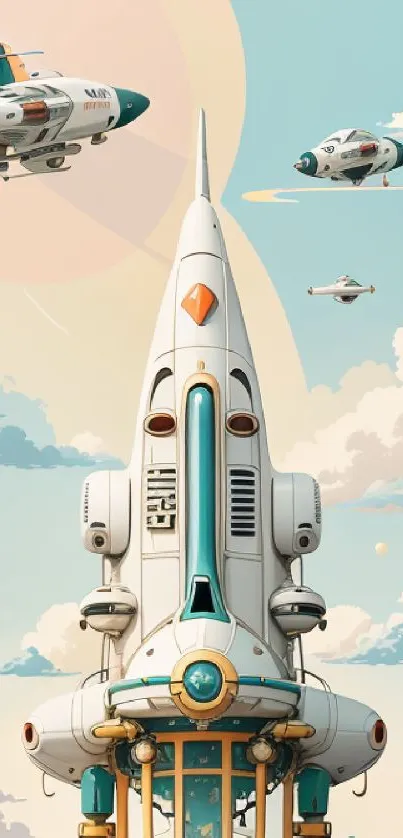 Retro futuristic wallpaper with rockets in pastel sky.