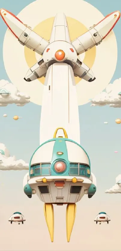 Retro futuristic spaceship flying in a stylized sky with clouds.