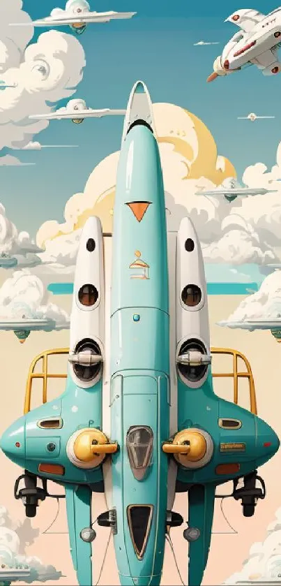 Retro spaceship with clouds in blue sky, vintage styled mobile wallpaper.