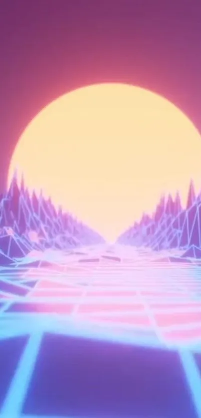 Retro futuristic wallpaper with neon sunset and polygonal mountains.