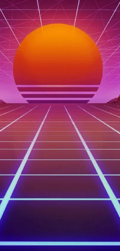 Retro futuristic landscape with neon grid and sun.