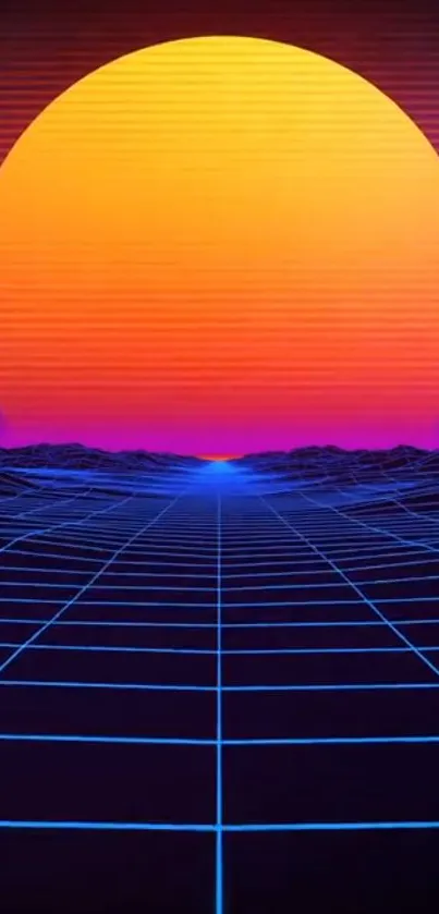 Retro futuristic wallpaper with a neon sunset and grid design.