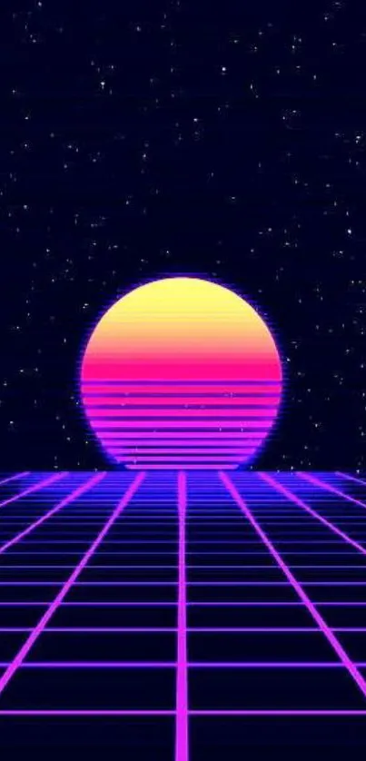 Retro futuristic sunset with grid in neon purple hues.