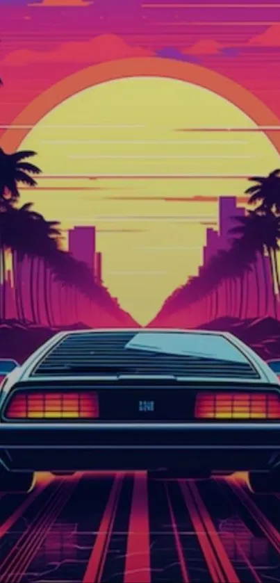 Retro car driving into neon sunset with palm trees and city skyline.