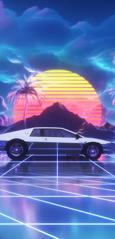 A retro car under a neon sunset with palm trees and a vibrant sky.