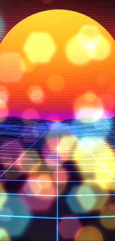 Retro futuristic wallpaper with a glowing sunset, grid, and bokeh lights.