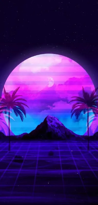 Retro futuristic sunset wallpaper with neon palm trees and mountains.