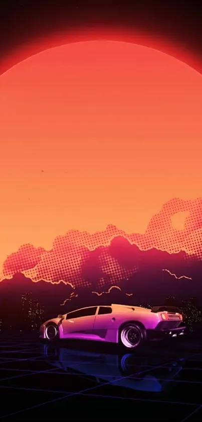 Retro car under a neon sunset with bold red hues and digital skyline.