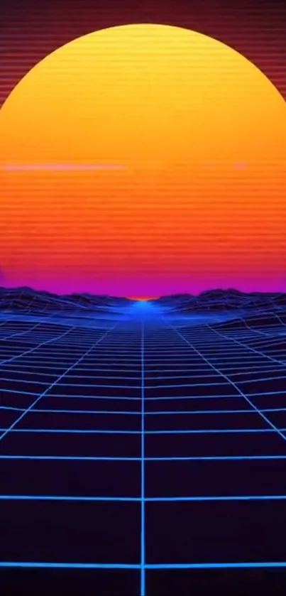 Retro futuristic wallpaper with neon sunset and grid.