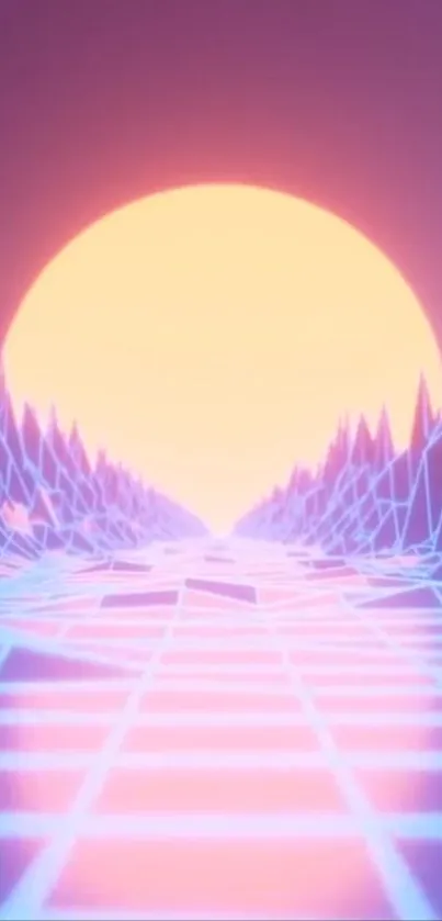 Retro futuristic sunset with neon grids and pastel colors in a digital landscape.