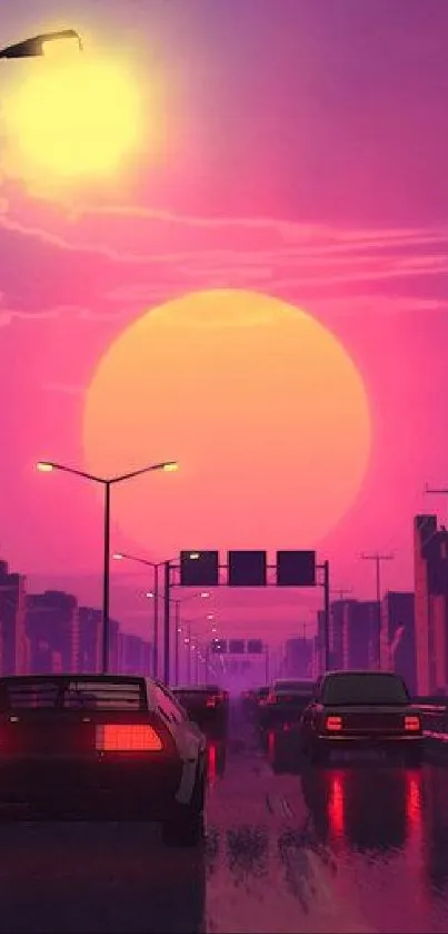 Retro-futuristic city with neon sunset and cars under pink sky.