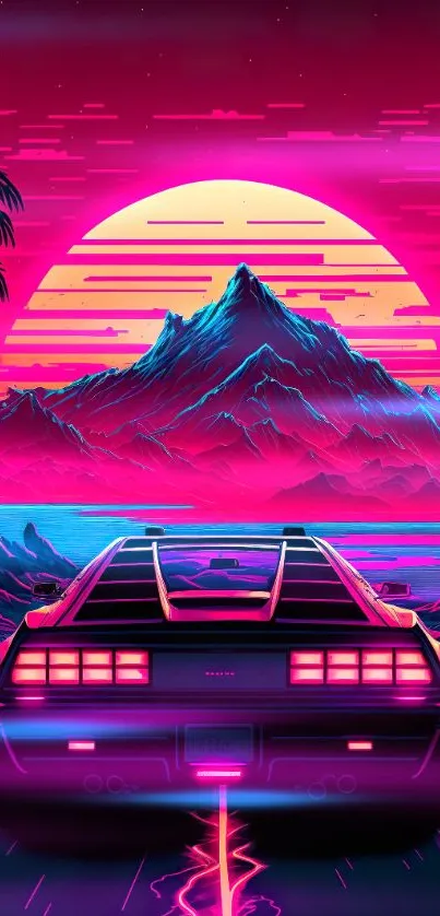 Retro futuristic wallpaper with neon car and sunset.