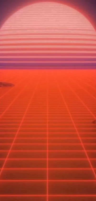 Vibrant retro futuristic wallpaper with red neon sunset on a digital grid.