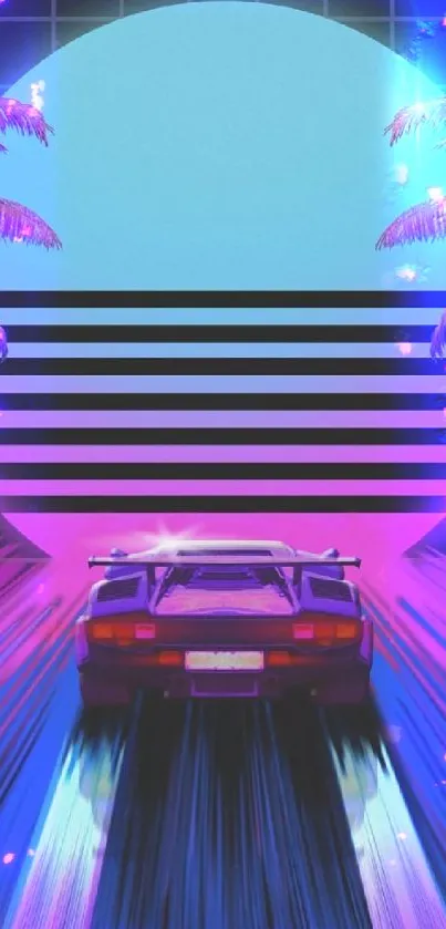 Retro synthwave car speeding towards neon sun, flanked by purple palm trees.