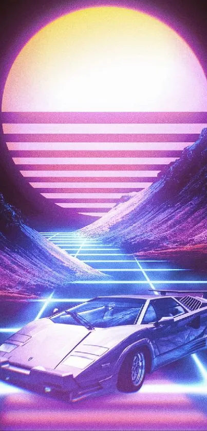 Retro futuristic wallpaper with neon car and sunset backdrop.