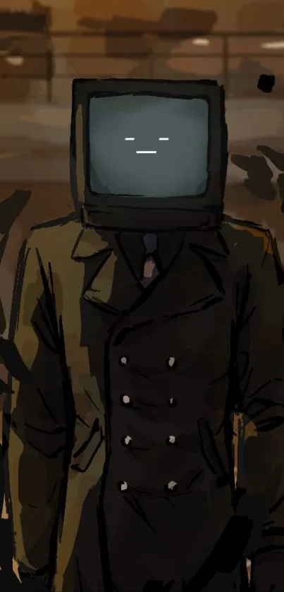 A retro futuristic character with a TV head in a brown trench coat against an urban backdrop.