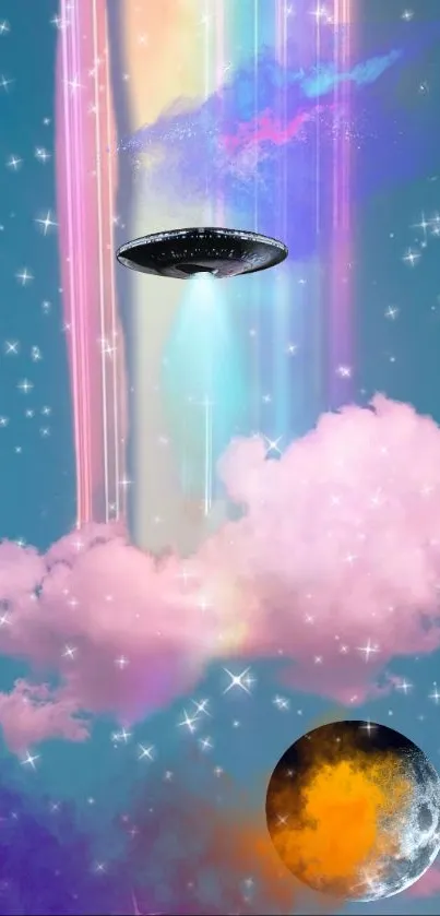 Retro futuristic wallpaper with UFO, neon lights, colorful clouds, and cosmic elements.