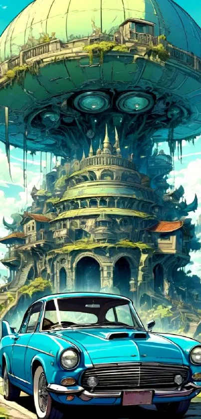 Retro futuristic wallpaper with a blue car and floating city.