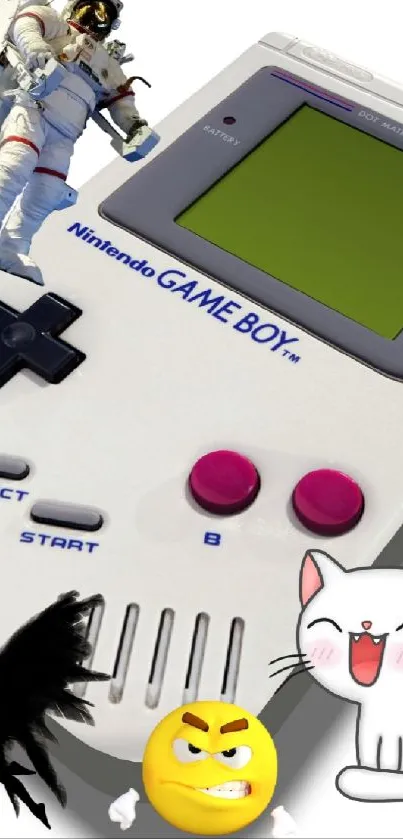 Retro Game Boy with astronaut and anime cat on mobile wallpaper.