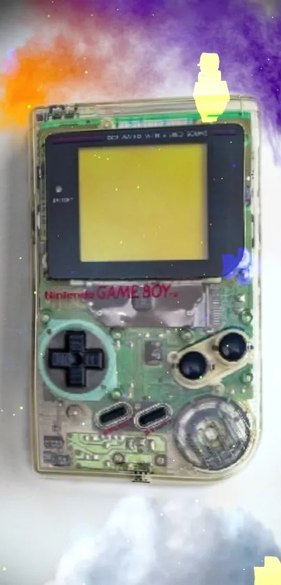 Transparent Game Boy with colorful accents on a mobile wallpaper.