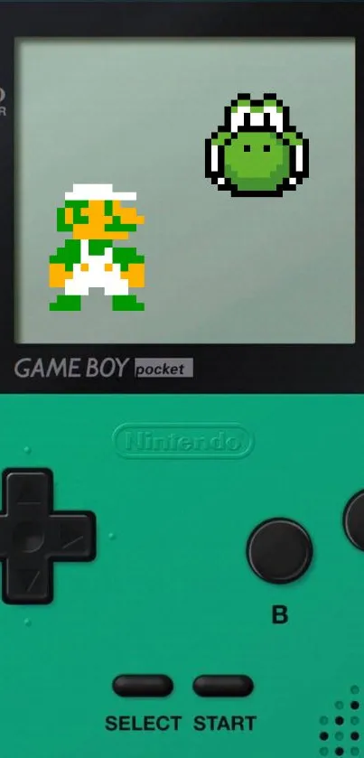 Retro Game Boy console with pixel art characters on screen.