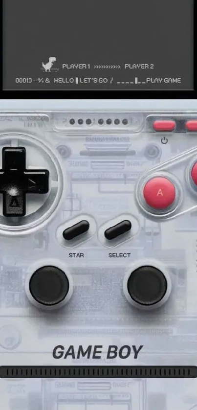 Retro Game Boy with grey and red accents on wallpaper.