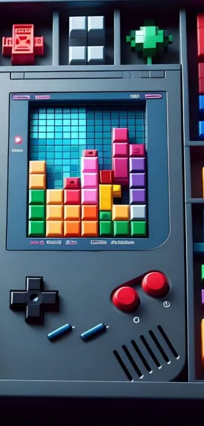 Colorful retro game console with Tetris blocks design.