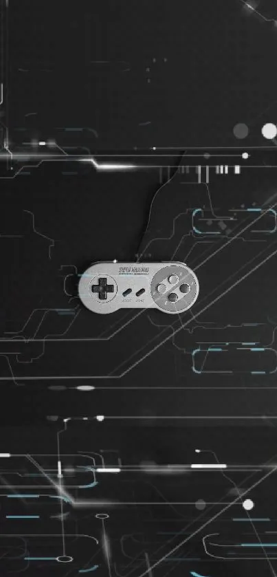 Black and metallic retro game controller on digital background.