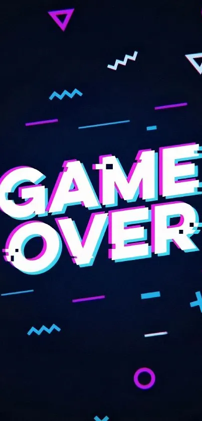 Retro game over wallpaper with neon geometric patterns and dark blue background.