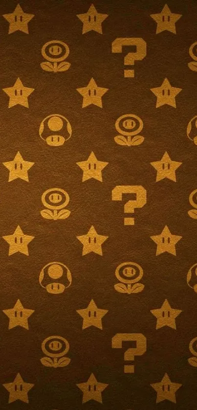 Retro gaming wallpaper with iconic symbols on a brown background.