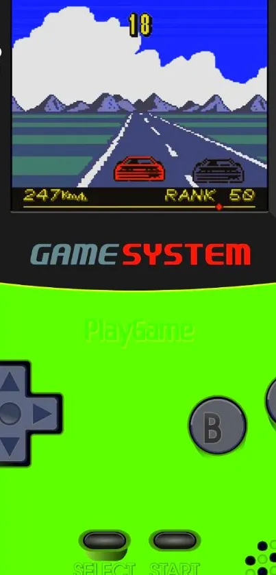 Retro handheld game system in neon green with racing game.