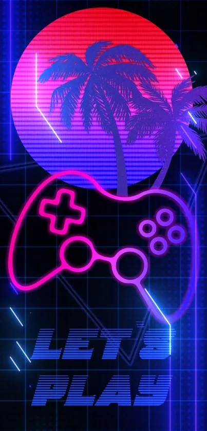 Retro gaming wallpaper with neon palm trees and game controller.