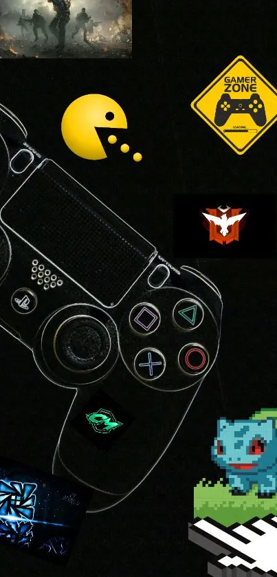 Retro gaming controller with pixel art and iconic symbols on dark background.