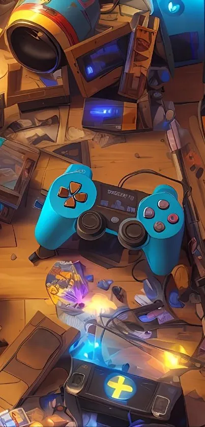Colorful retro gaming controller on a vibrant desk.
