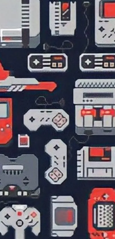 Retro gaming devices in pixel art pattern on a black background.