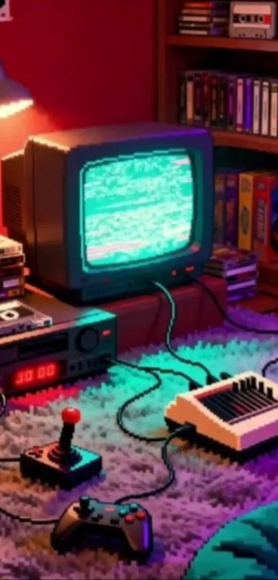 Retro gaming setup with vintage TV and consoles in a cozy room.