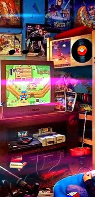 Retro gaming room with vintage consoles and decor.
