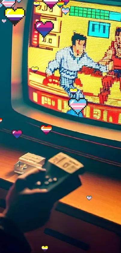 Retro gaming wallpaper with a vintage video game on an old TV.
